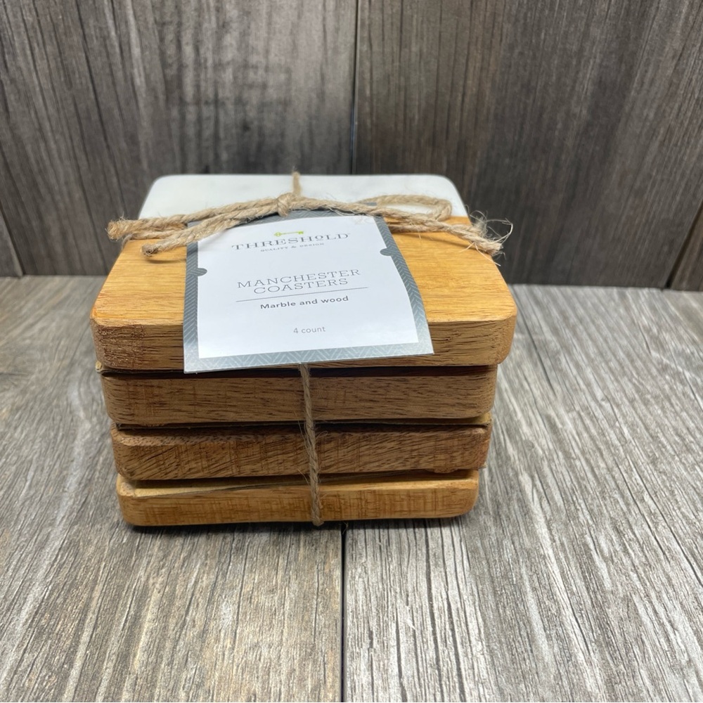 Threshold Quality & Design Set of 4 Manchester Marble & Wood Coasters NEW